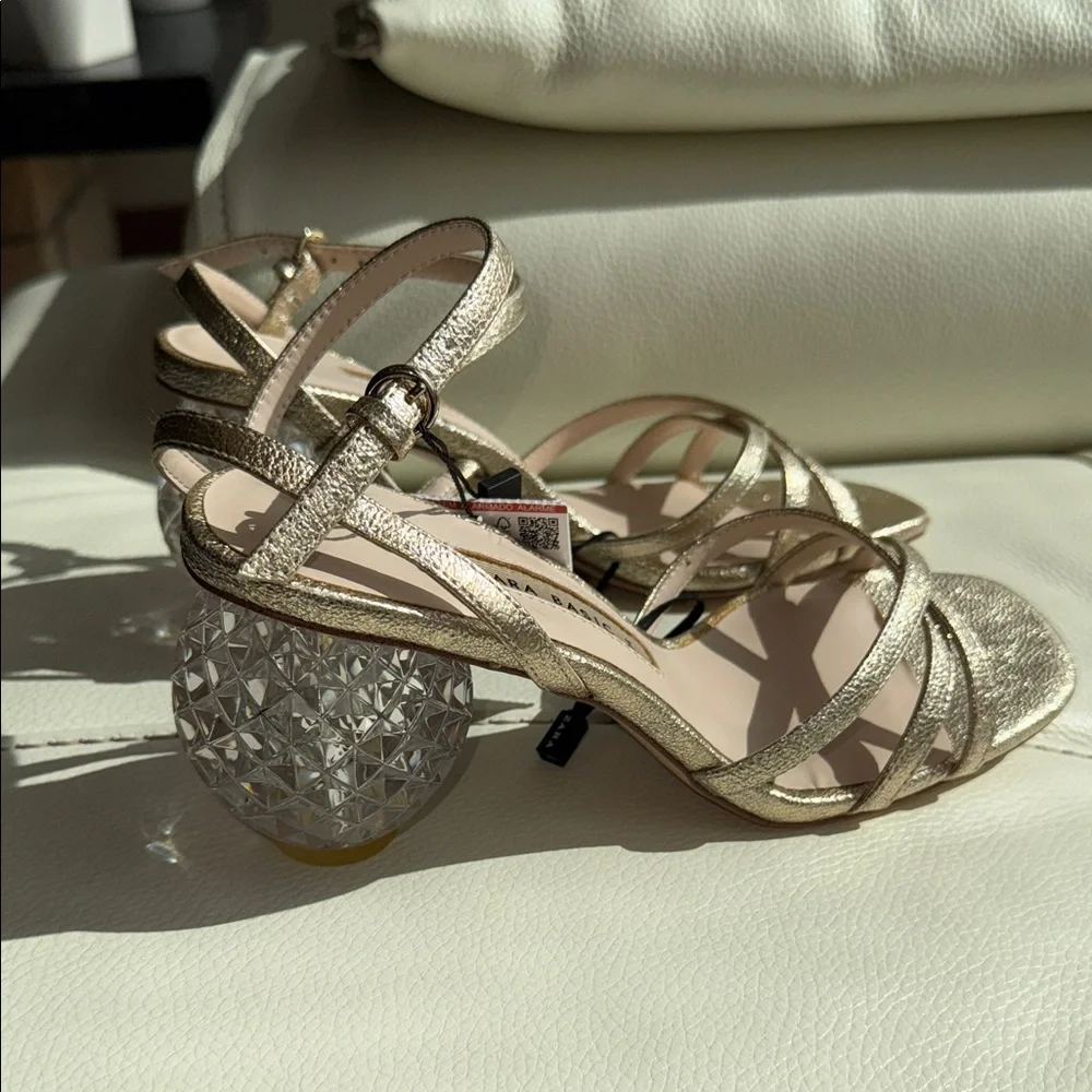 Zara‎ Gold Strappy Heels With Crystal Block